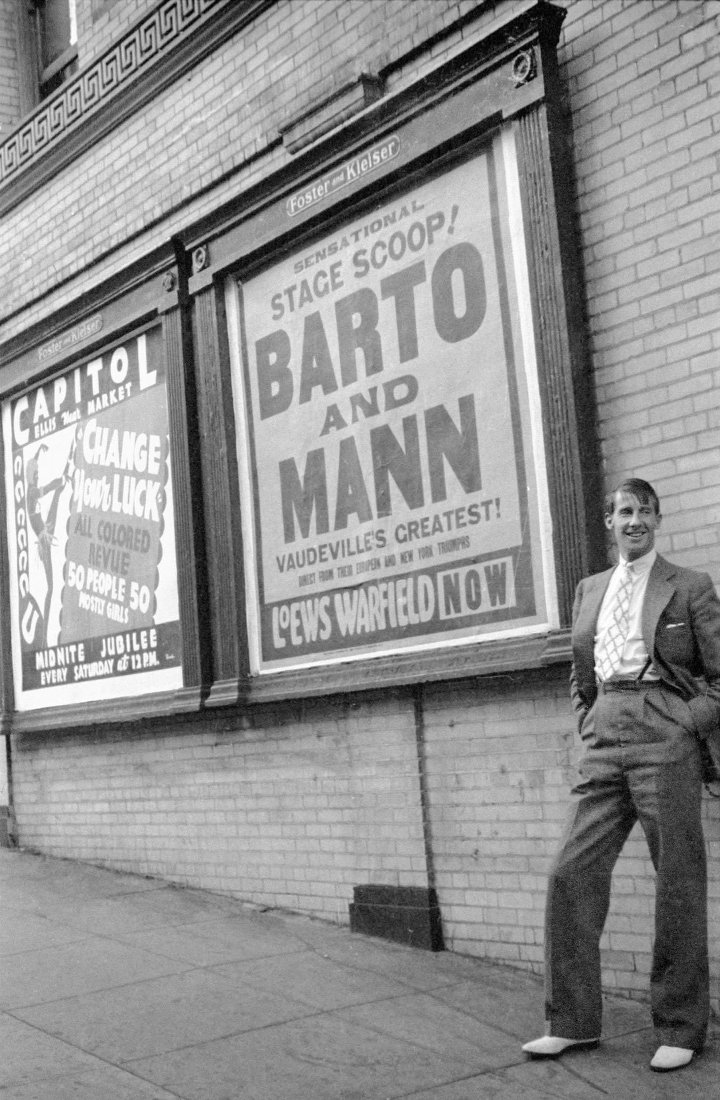 George Mann next to Barto & Mann Poster, Loews Warfield, San Francisco, 1934